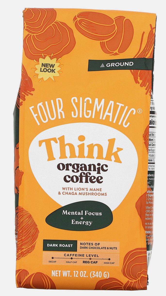Think Organic Coffee with Lion’s Mane & Chaga Mushrooms, Ground, Dark Roast, 12