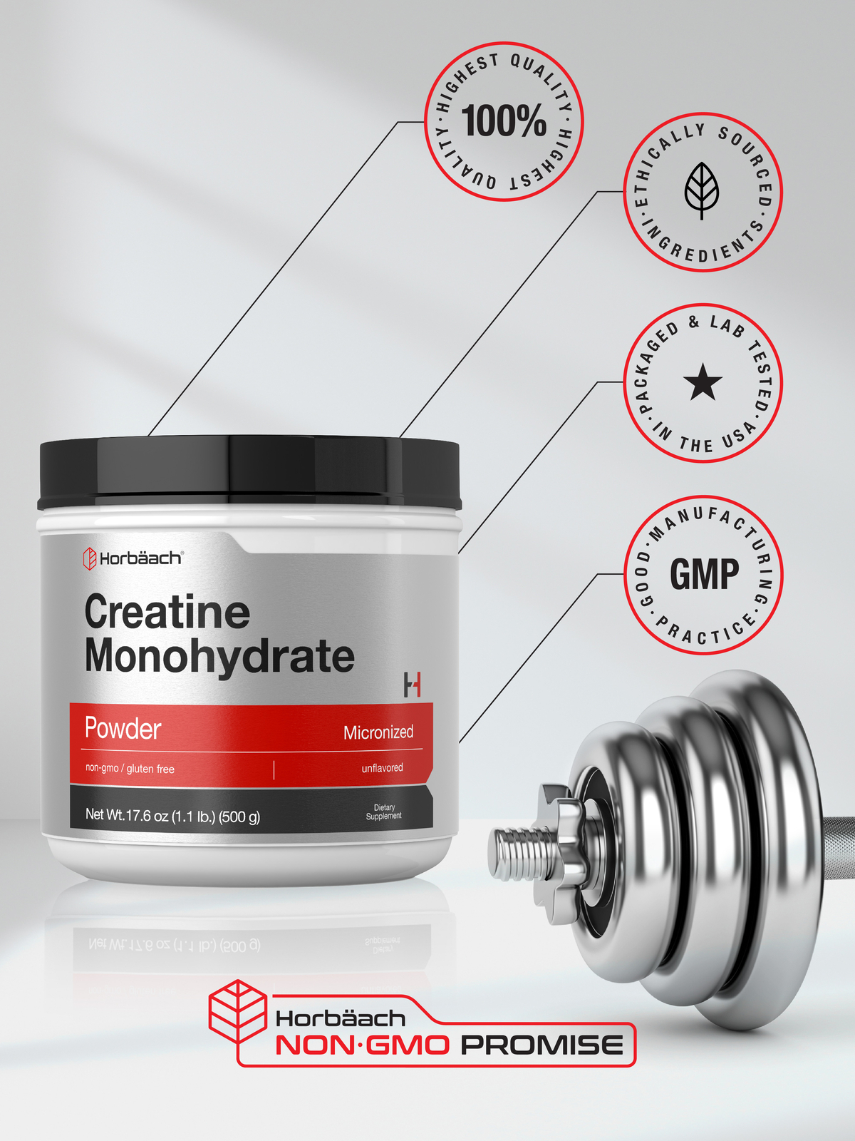 Creatine Monohydrate Powder 17.6oz | Micronized, Vegetarian | by Horbaach