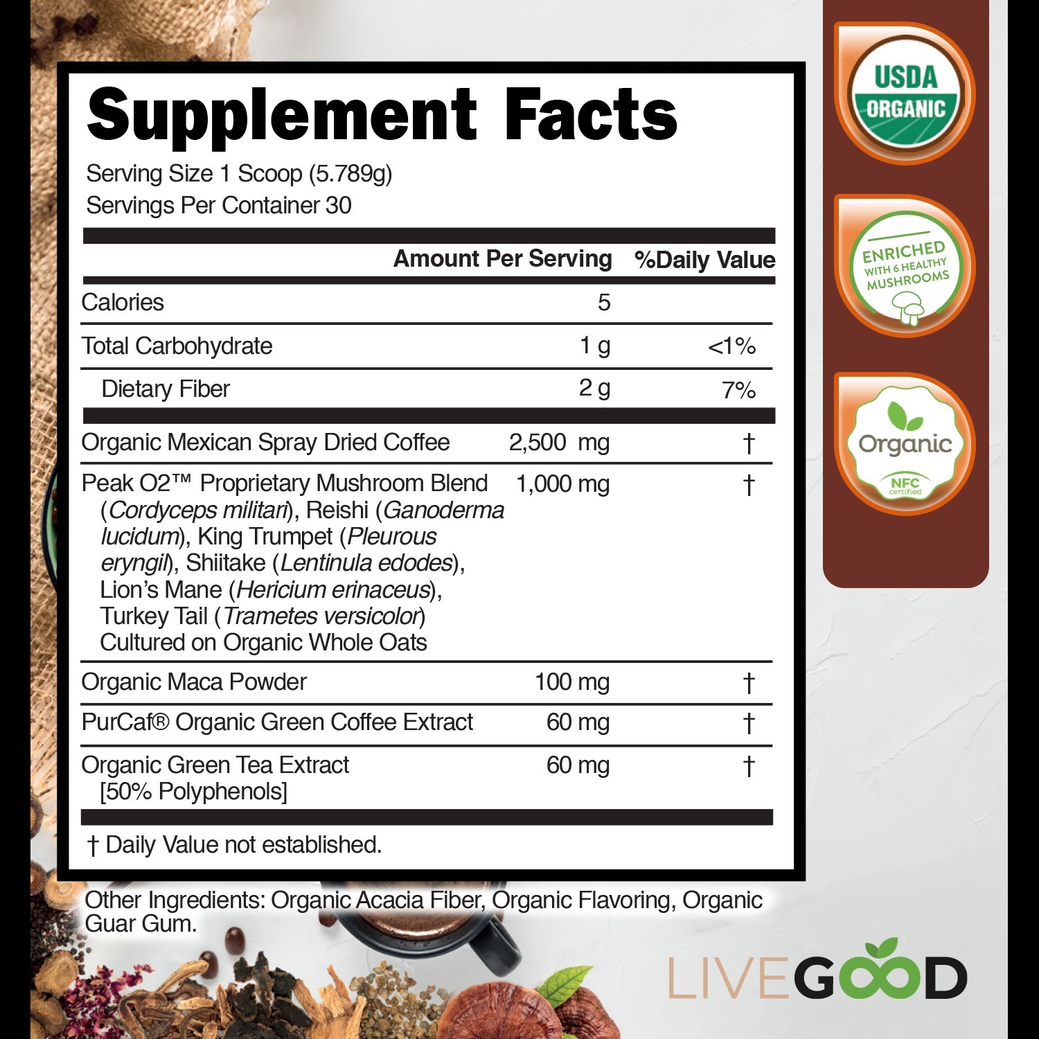 LIVE GOOD Healthy Organic Weight Management Coffee with Mushrooms