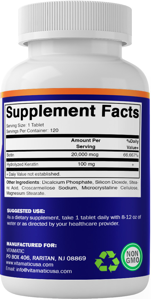 Vitamatic High Potency Biotin 20000 mcg (20mg) with Keratin 100mg – 120 Veg