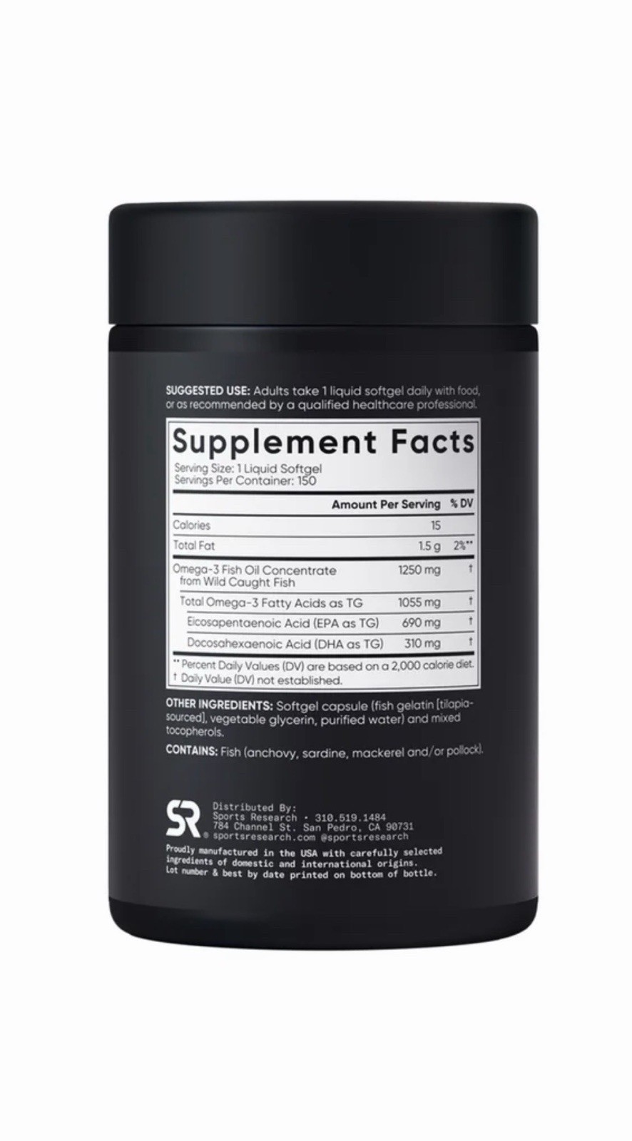 Sports Research Triple Strength Omega-3 Fish Oil 1250mg Non-GMO 150 Softgels