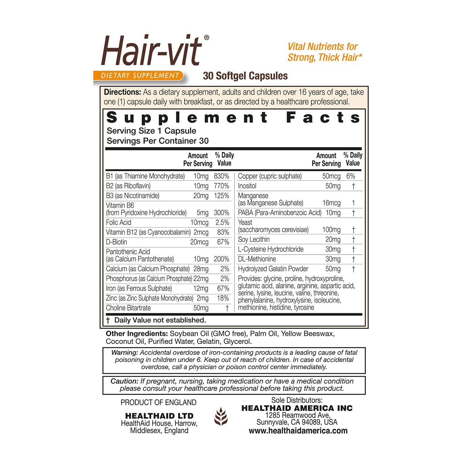Health Aid Hair-vit, Vital Nutrients 4 Strong, Thick Hair,30 Softgel Caps