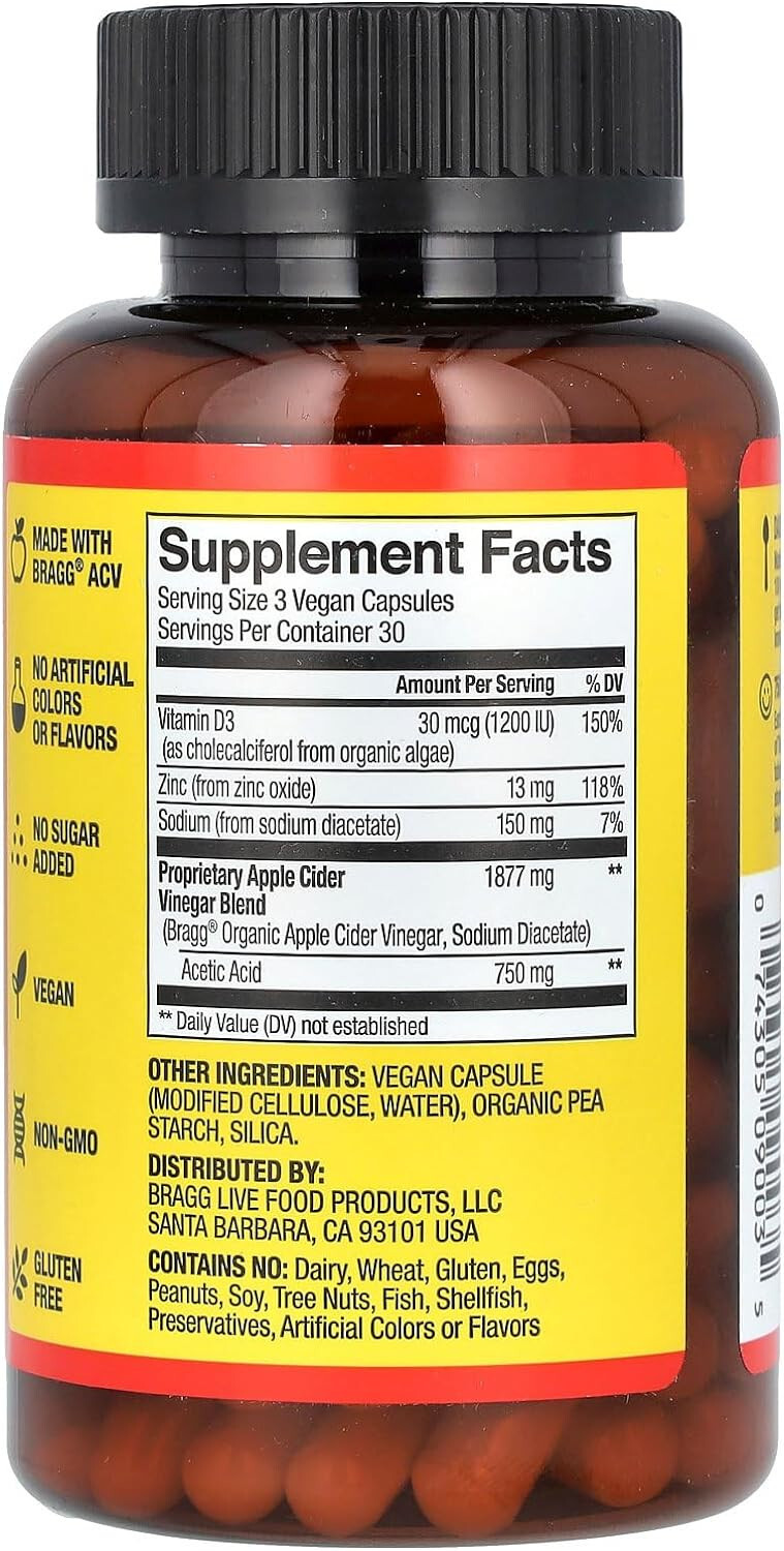 Bragg Apple Cider Vinegar Capsules – Vitamin D3 & Zinc – 750mg of Acetic Acid –