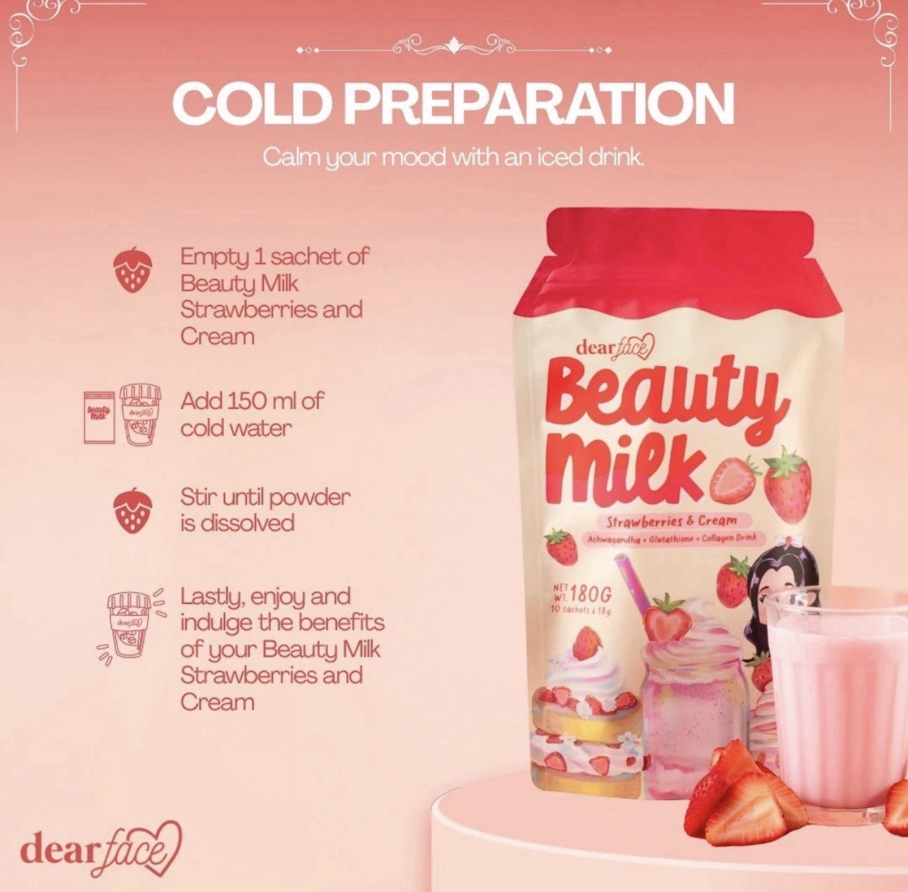 Dear Face Beauty Strawberries and Cream Collagen Drink, 10 Sachets x 18g