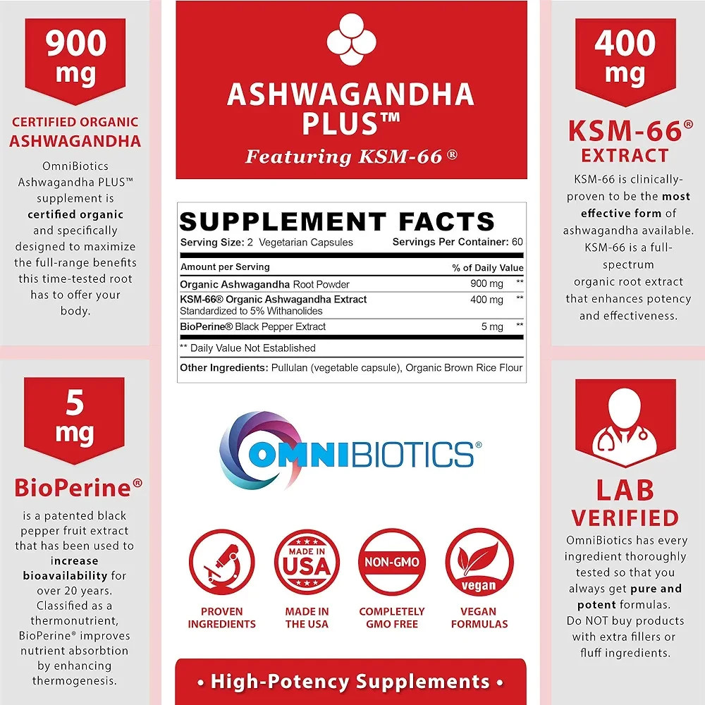 Organic Ashwagandha Supplement 1300mg Stress Relief,Mood & Sleep Support 120 Cap