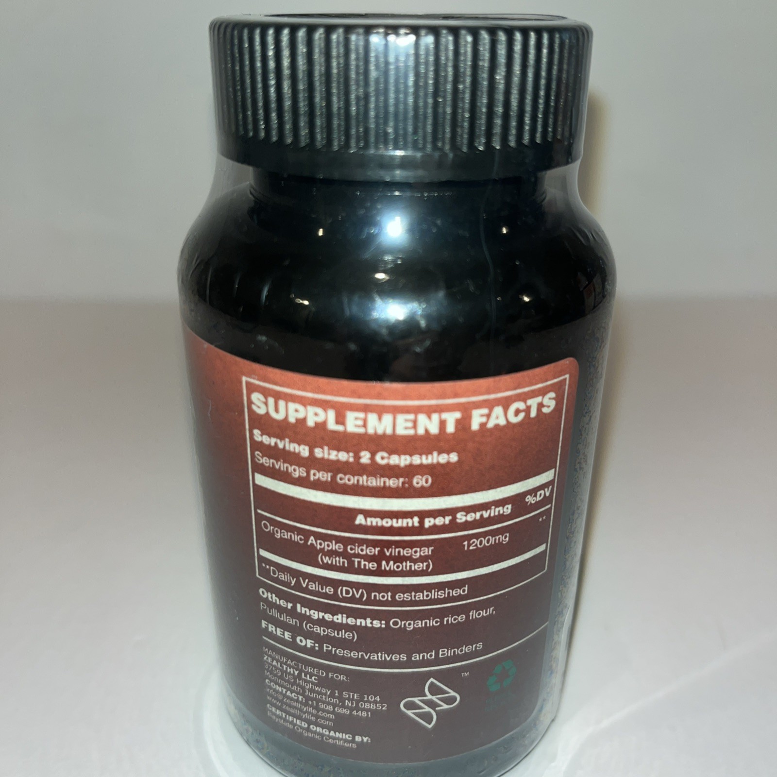 Zealthy Life Organic Apple Cider Vinegar Capsules – 1200 mg – 120 caps -Ex 12/26
