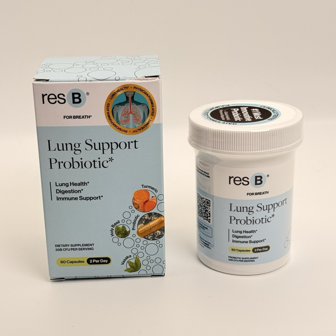 resB Lung Support Probiotic Lactobacillus Holy Basil Turmeric 60 Caps Exp 06/20…
