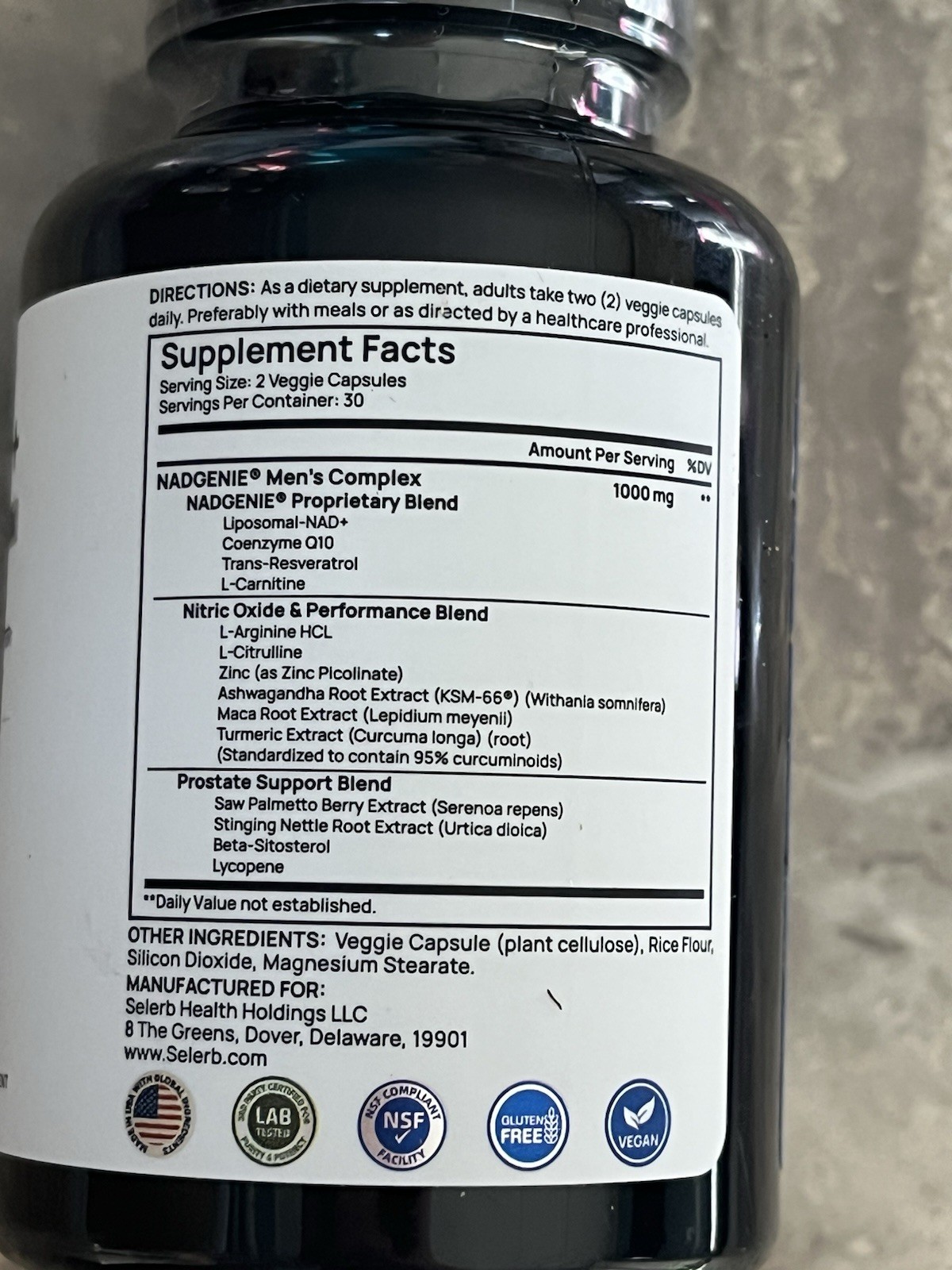 Selerb NAD+ Men’s Complex Formula Supplement 60 Capsules CoQ10 Resveratrol Vegan