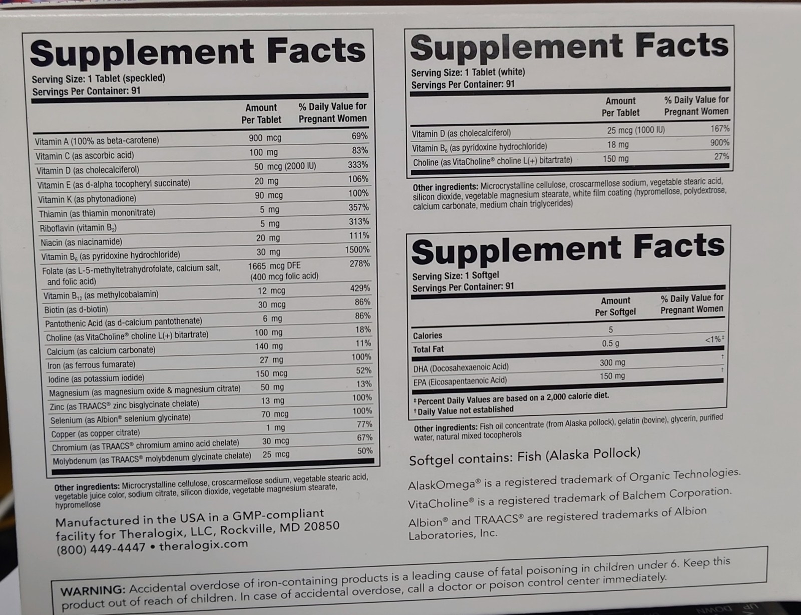 Theralogix TheraNatal Complete Prenatal Vitamin Supplement 91-Day Supply – 06/27