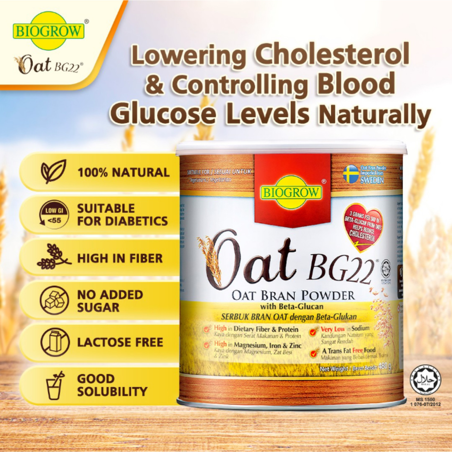 Biogrow Bg22 Oat Beta Glucan Powder 480G X 3 , Lowers Cholesterol Naturally