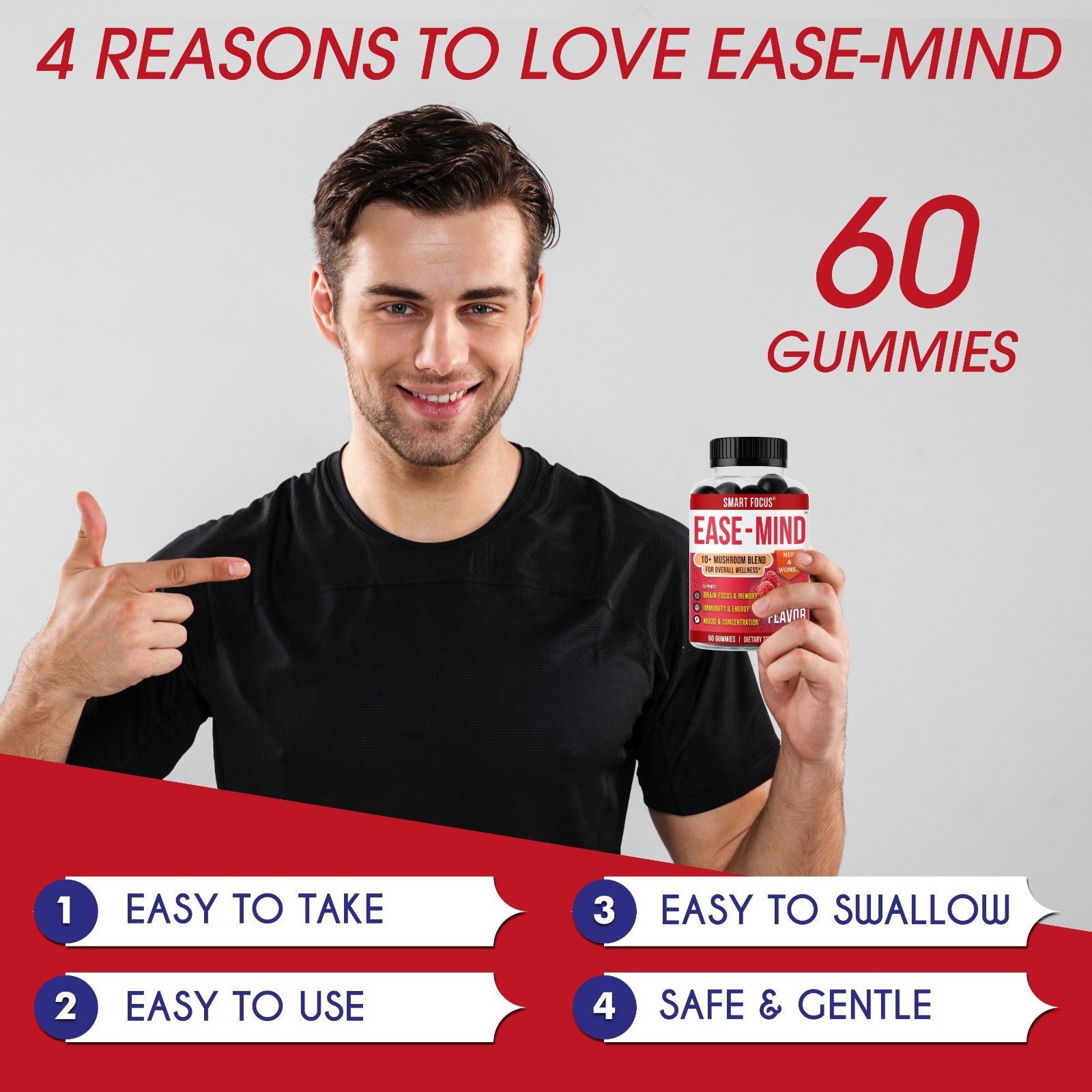 Ease-Mind Mushroom Gummies Lions Mane Reishi Cordyceps Focus Support 60ct