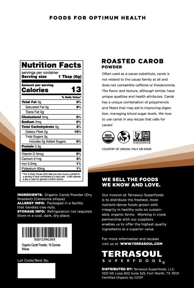 Organic Carob Powder 1 Lb – Cocoa Powder Alternative | High in Fiber