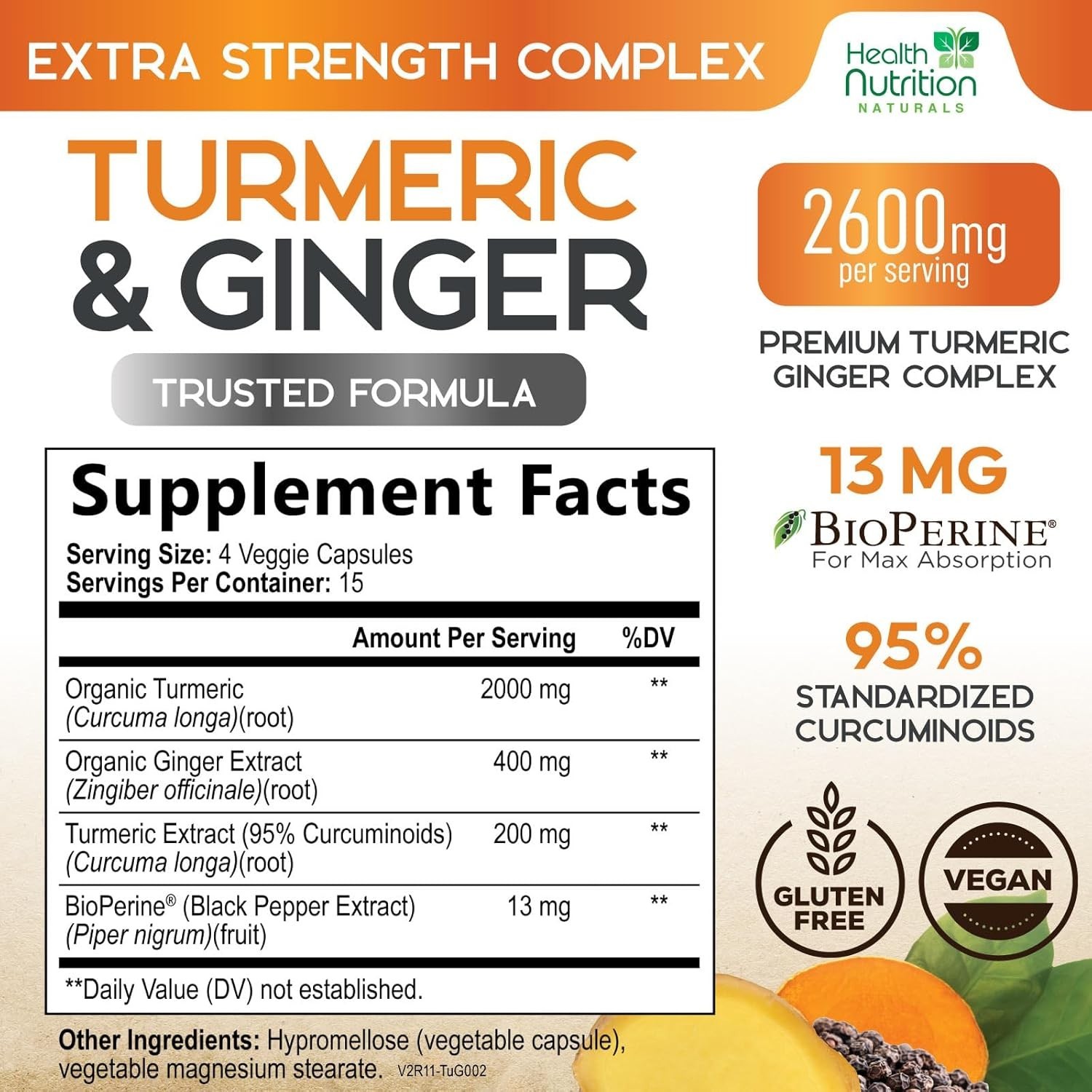 Turmeric Curcumin 2600mg w/ Ginger & BioPerine Black Pepper Capsules