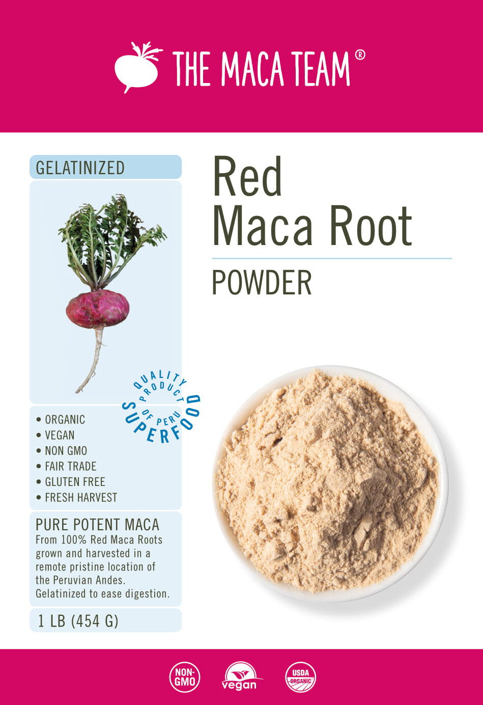 Gelatinized Red Maca Root Powder – Certified Organic, Fair Trade, GMO-Free