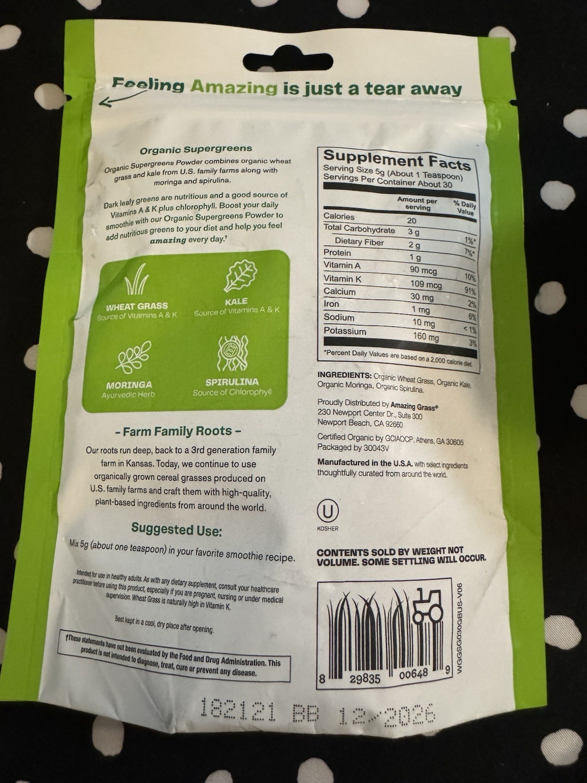 Amazing Grass Organic Supergreens Powder Wheat Grass Kale Moringa Spirulina 30