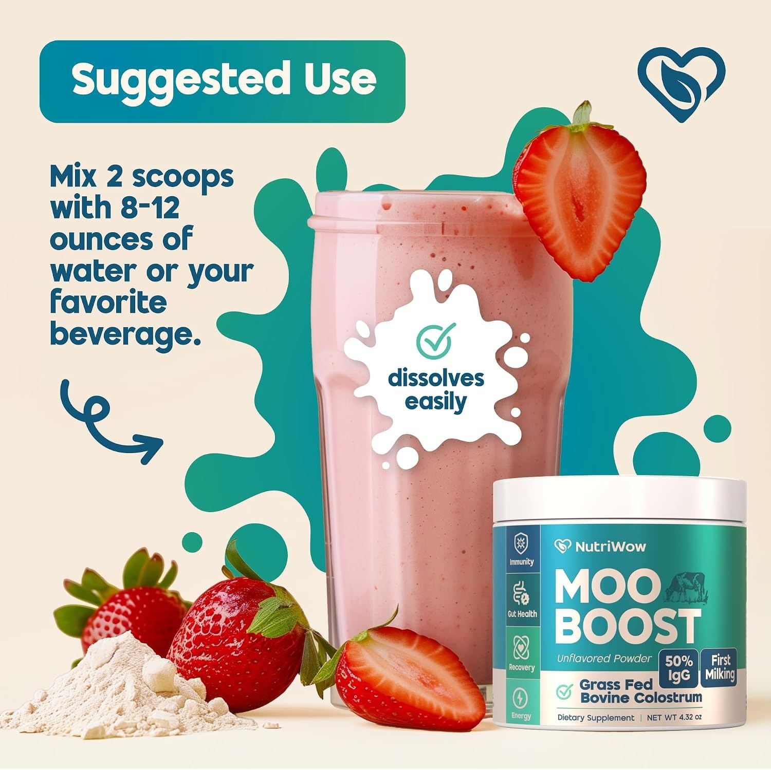 NutriWow Moo Boost Grass Fed Colostrum Powder Unflavored 4.32oz