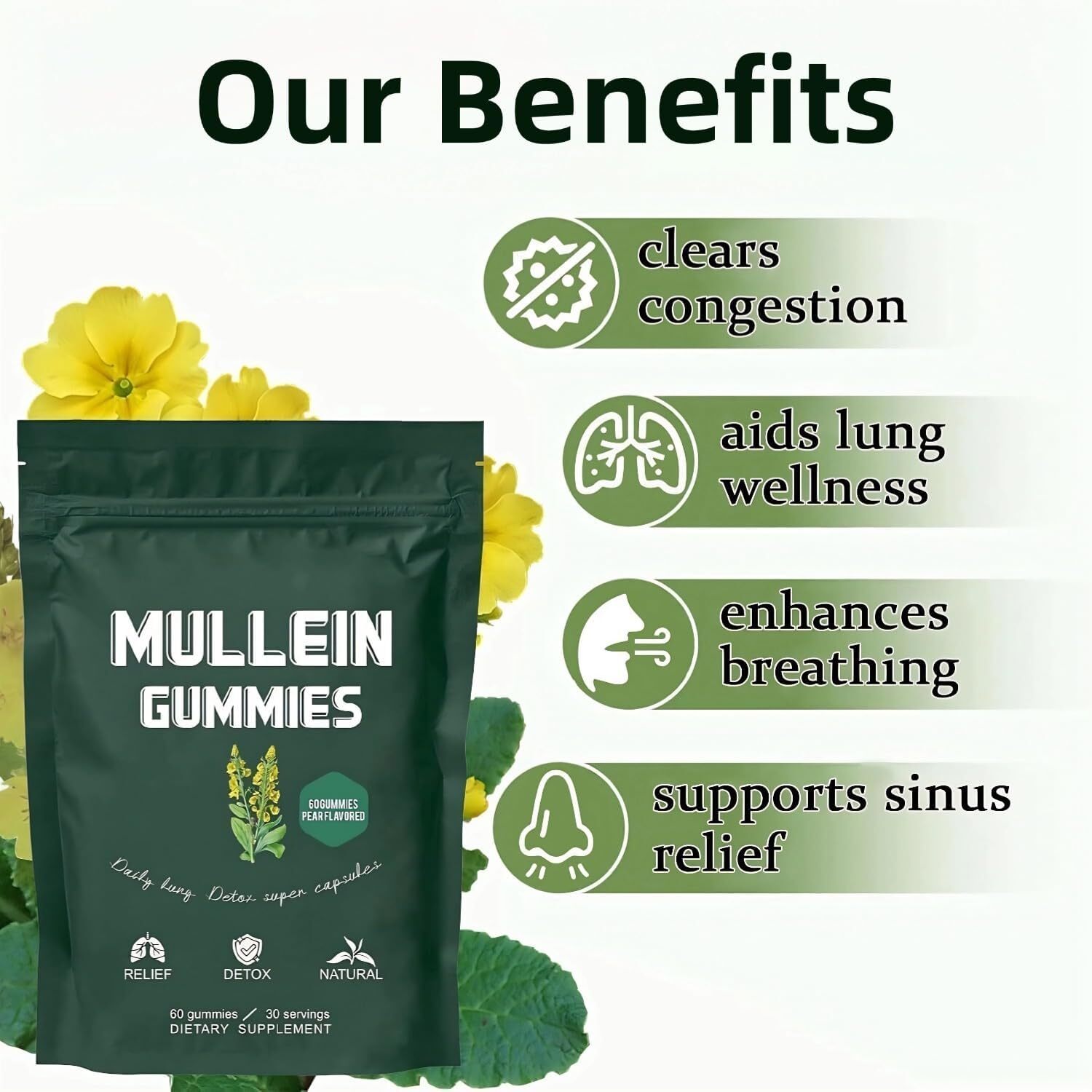 Mullein Gummies for Lung Support Sinus Relief Daily Respiratory Health 60Gummies