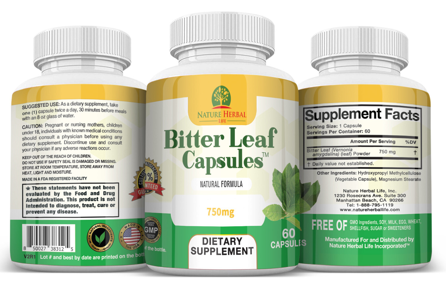Nature Herbal Life Bitter Leaf Capsules. 750 mg. 3 Bottles. 180 Capsules.