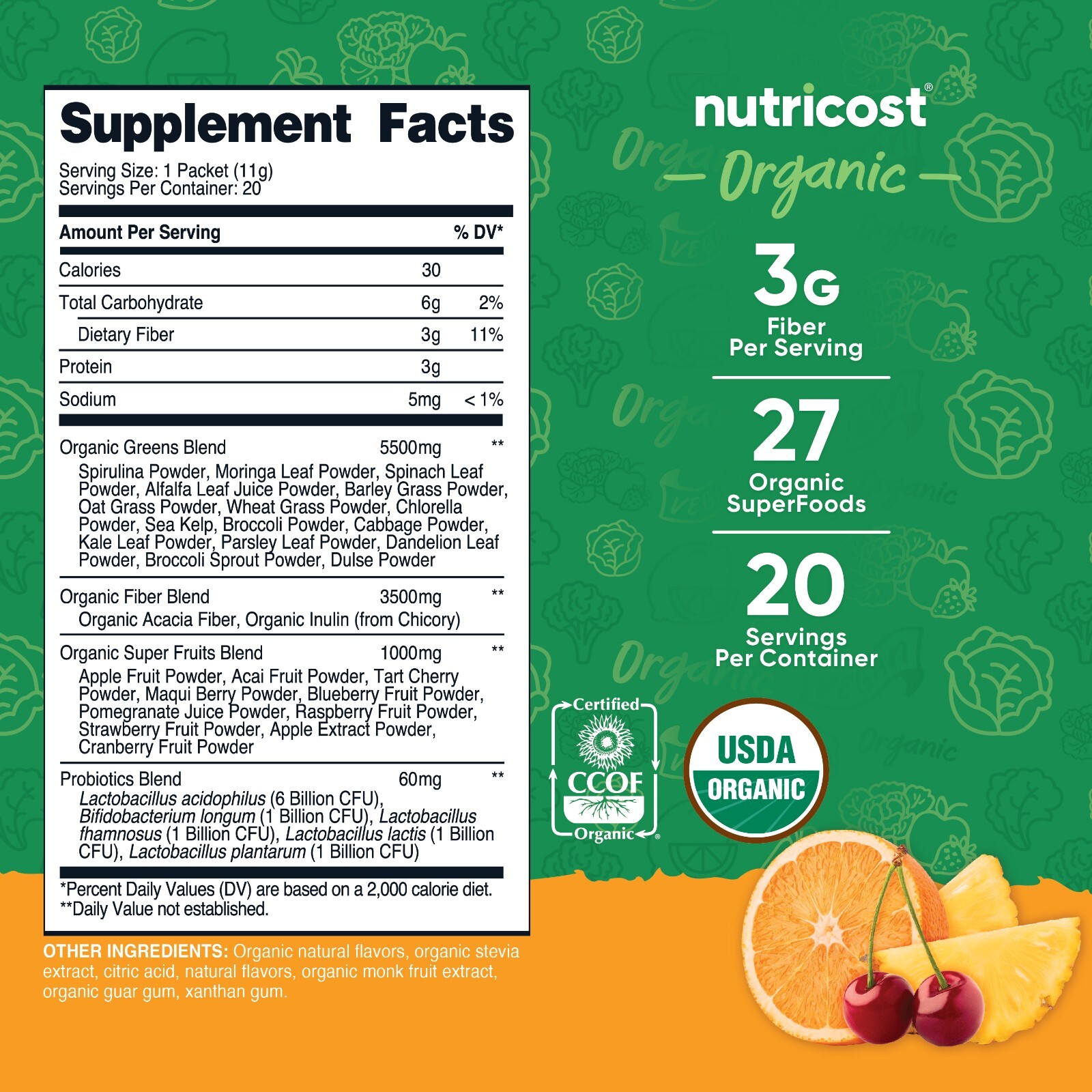 Nutricost Organic Super Greens (Orange Sunrise Flavored) 20 Stickpacks