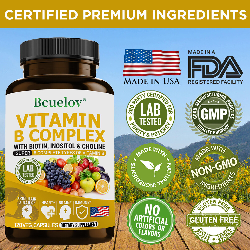 Vitamin B Complex Contains B1,B2,B3,B5,B6,B7,B9,B12,Choline,Inositol