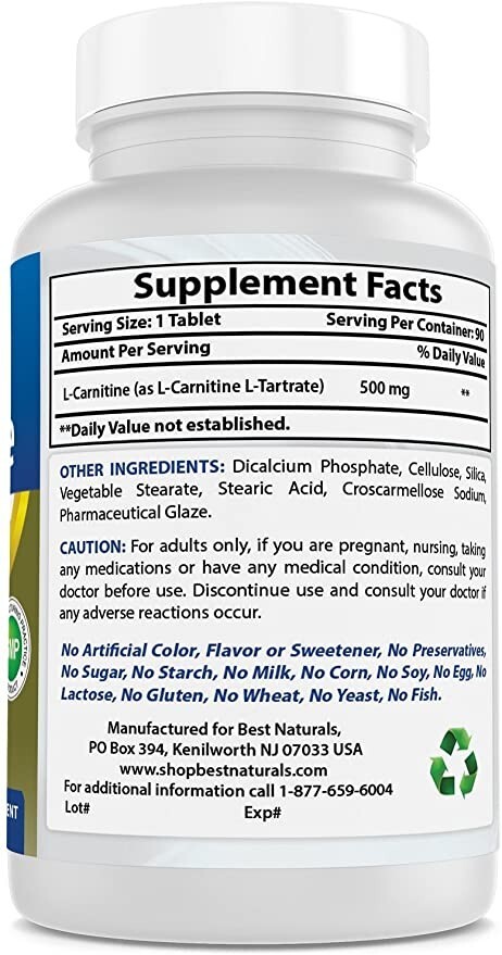 2 Pack Best Naturals L-Carnitine Tartrate 500 mg 90 Tablets