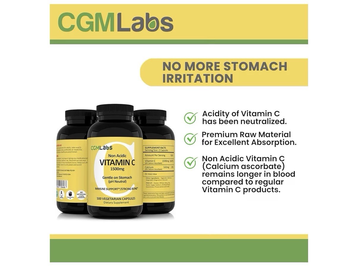 CGMLABS Non Acidic Vitamin C 1500mgDietary Supplement with Calcium 500 Capsules