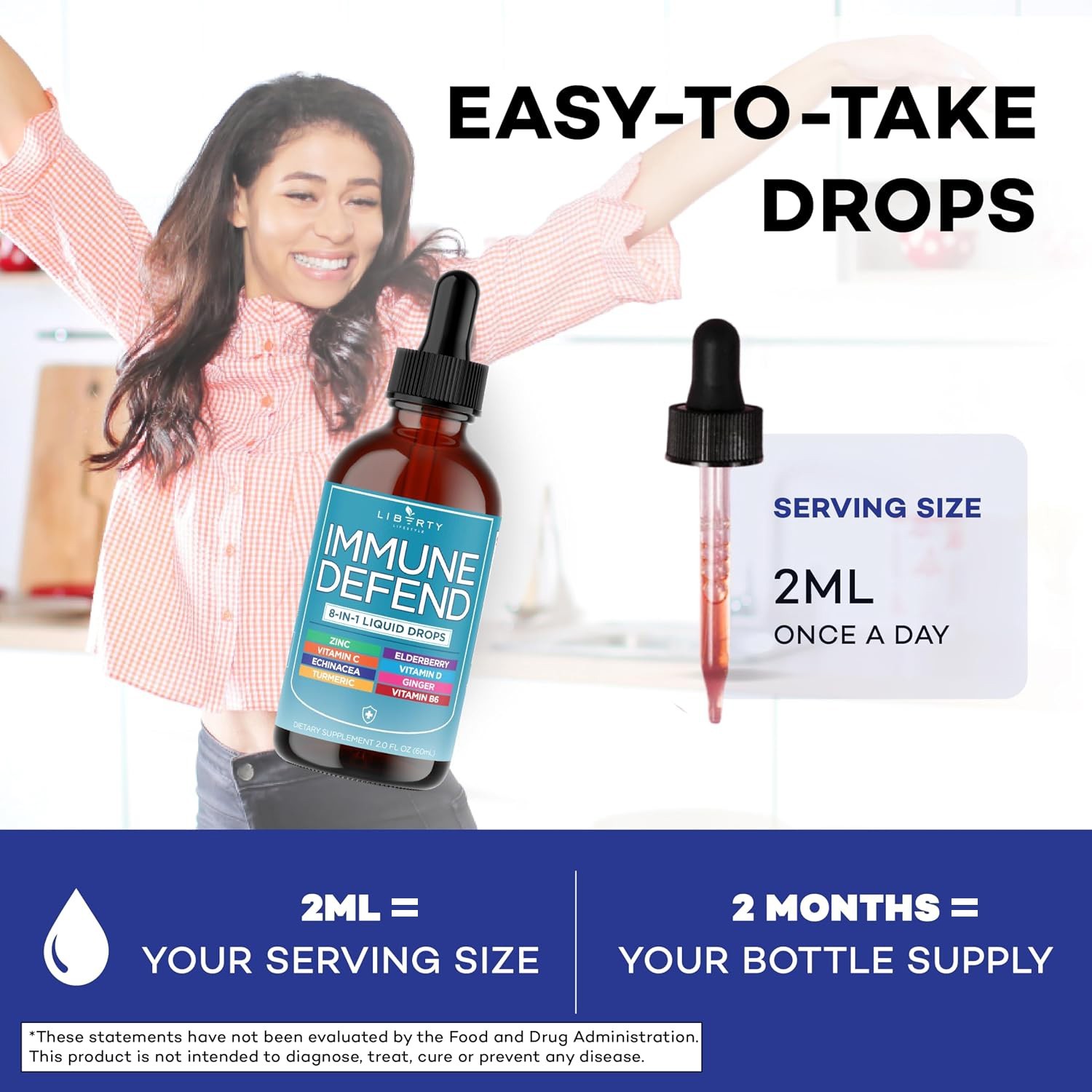 Immune Defend 8-in-1 Liquid Drops, Elderberry Turmeric Zinc, Vitamin C & D, 60mL