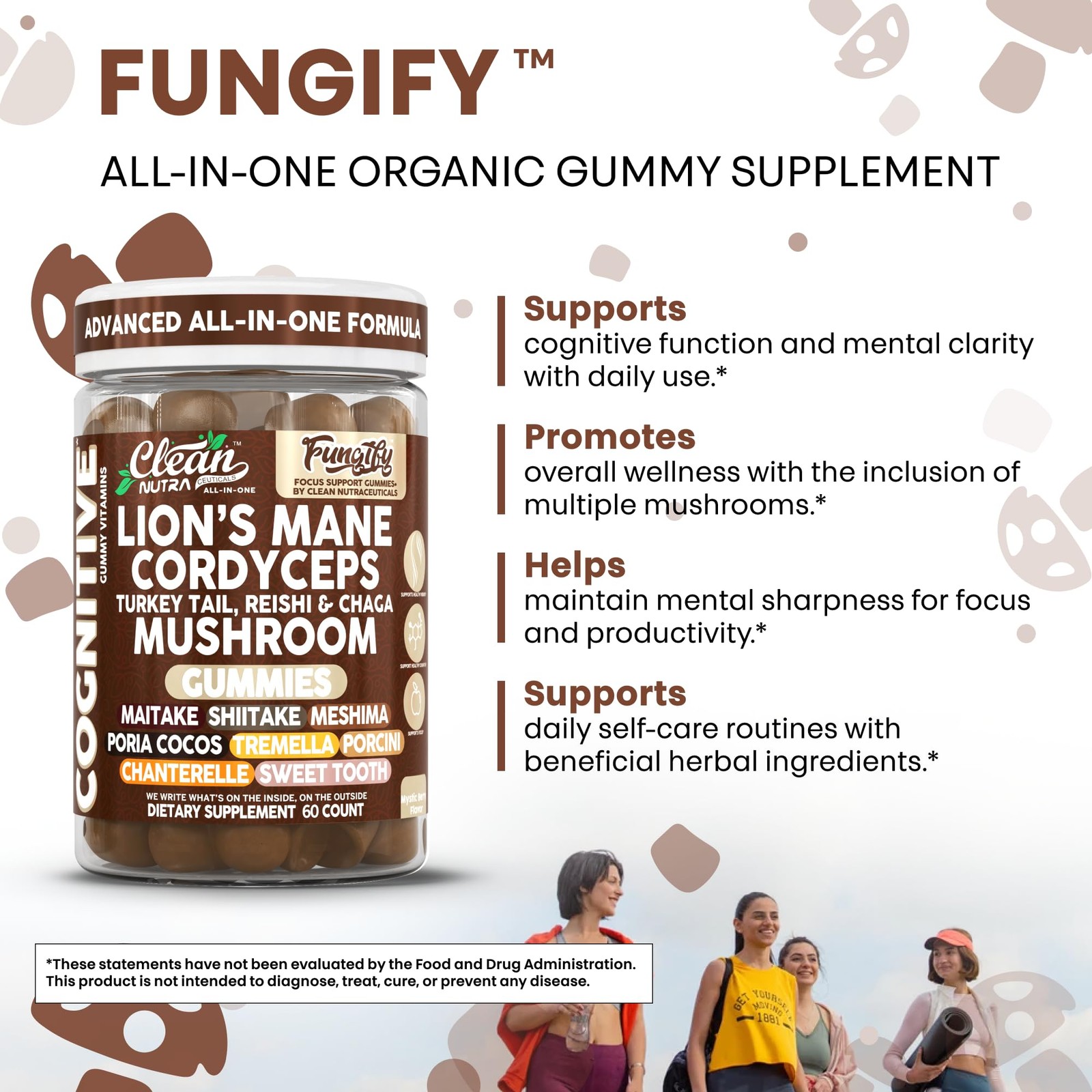 Clean Nutra Lions Mane Mushroom Gummies Cordyceps 60 Count (Pack of 1), Brown