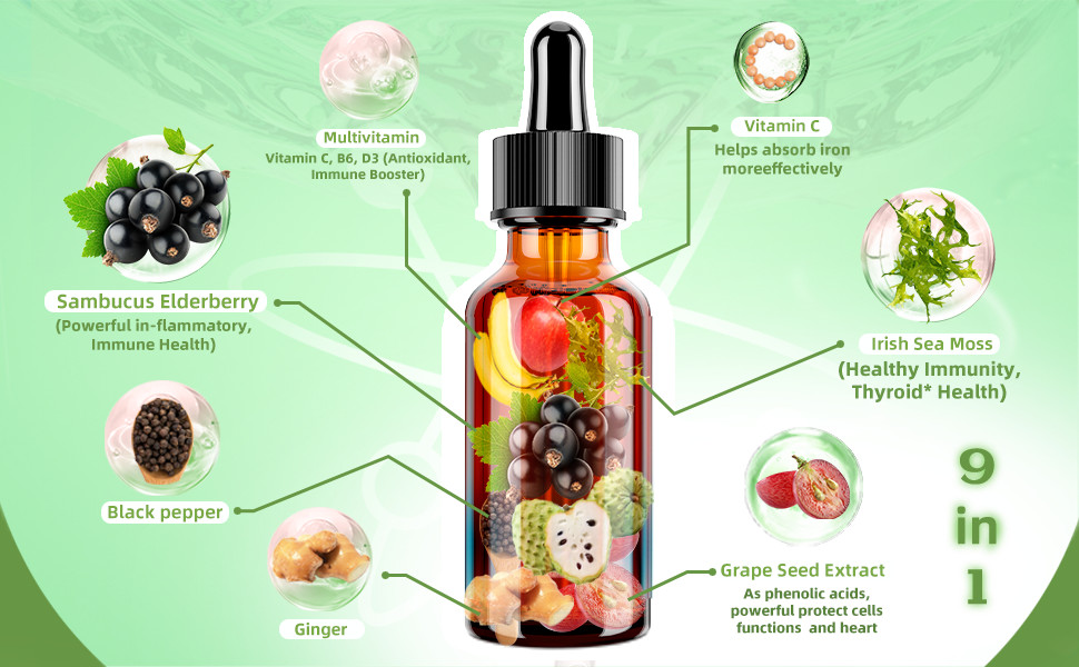 Soursop Graviola Liquid Drops, Soursop Extract Multivitamin Drops w. Sea Moss, G