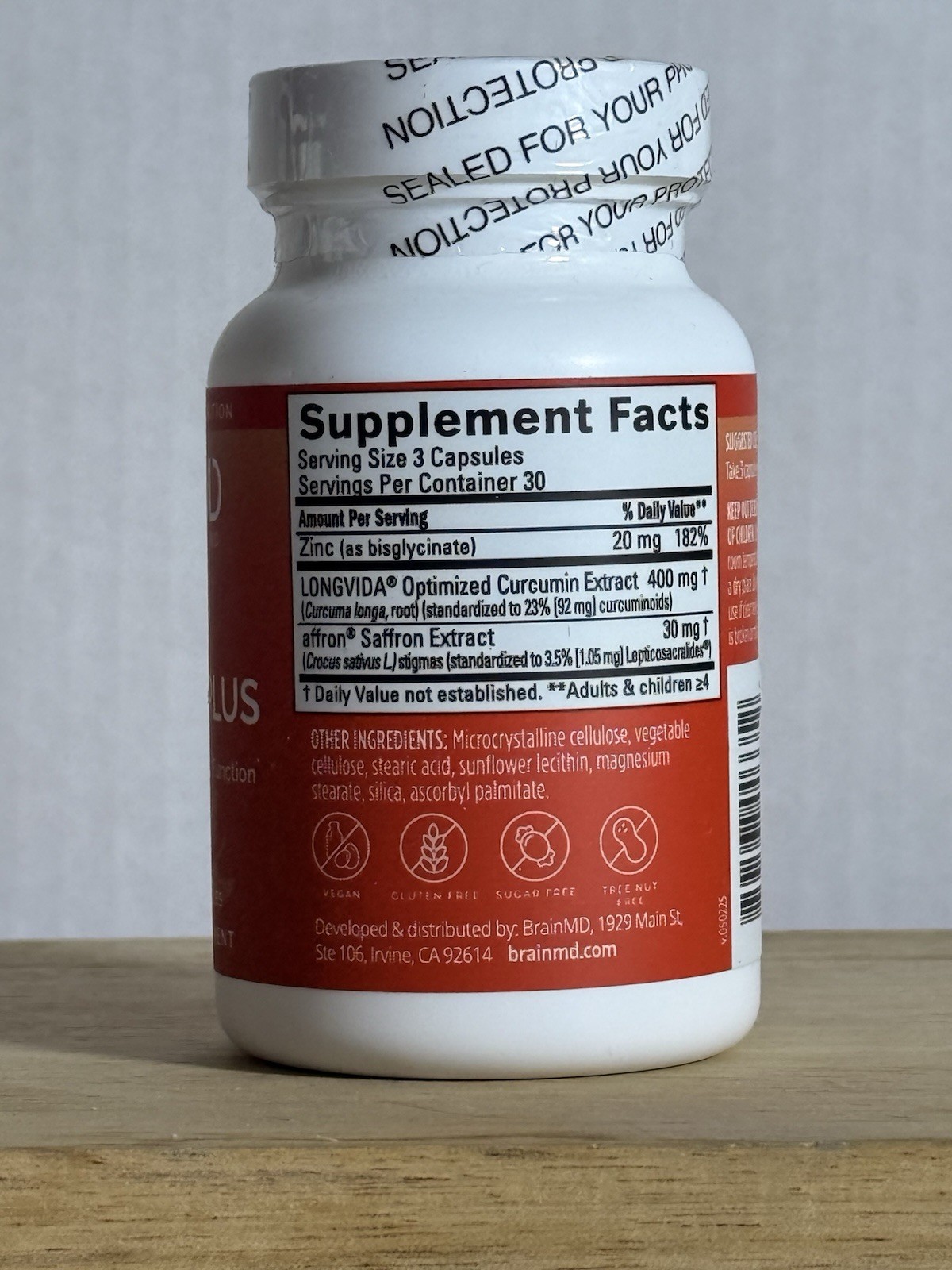 BrainMD Happy Saffron Plus 90 Vegan Capsules Saffron Zinc Curcumin Gluten-Free