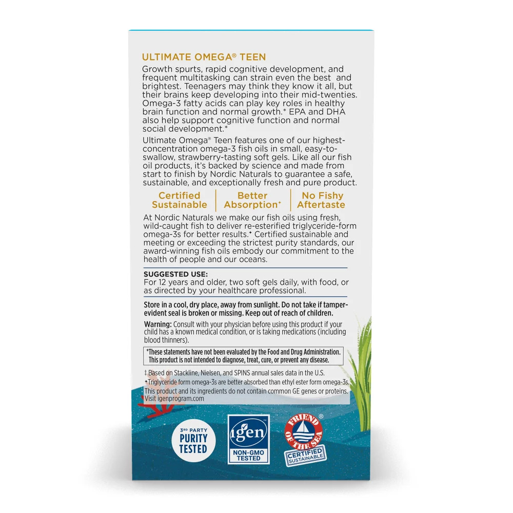 Nordic Naturals Ultimate Omega-2x Teen – Omega 3 Formula for Teenagers, 60 Ct