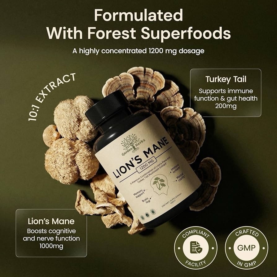 Lion’s Mane Turkey Tail Mushroom Extract Garden Herbz Dietary Supplement