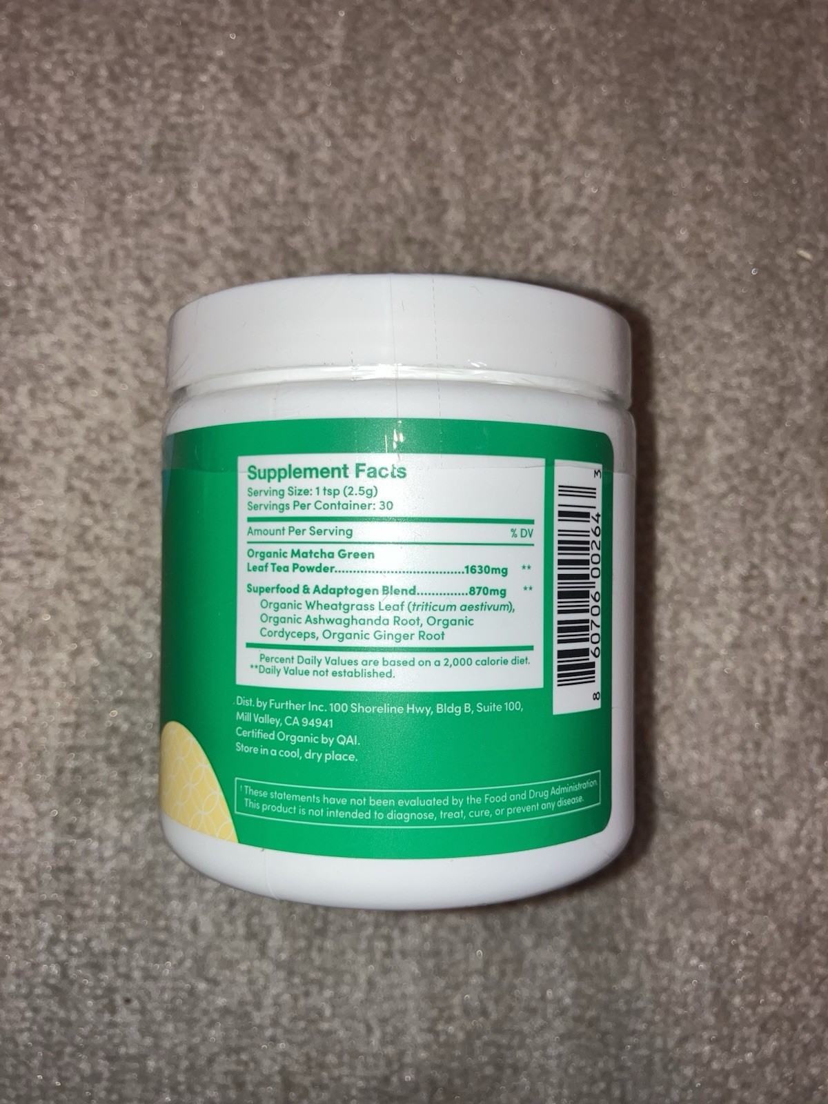 Further Food Superfood Matcha Green Tea Powder Blend USDA Organic Vegan 2.65 oz