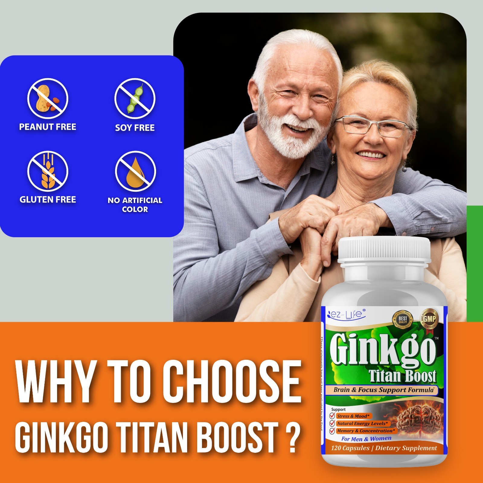 Ginkgo Biloba Ginseng- Brain Focus, Memory Herbal Energy Supplement- 60 Caps