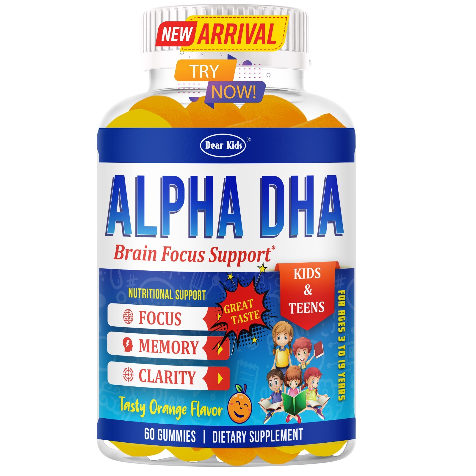 Brain Booster Memory Supplement Focus Gummies for Kids & Teens, Omega 3 & DHA 60