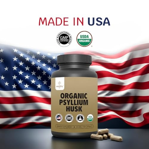 Organic Psyllium Husk Capsules 750 mg, Natural Fiber Supplement for Gut