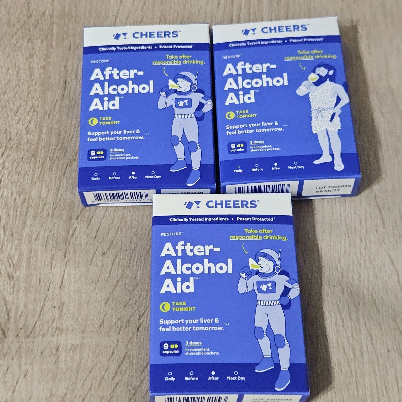 3 – Cheer After Alcohol Aid Capsules. Each Box Contains 9 Capsules Expires 8/27