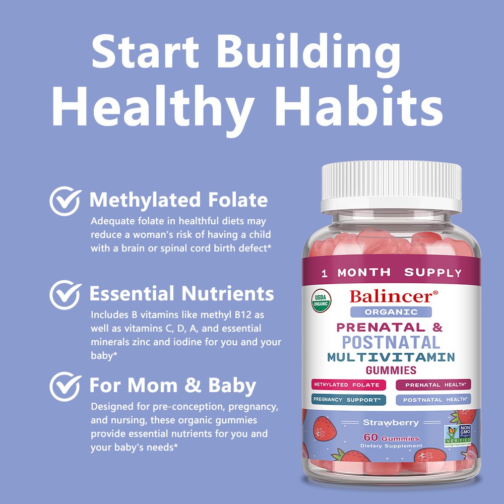 Prenatal Postnatal Multivitamin Gummies | Methyl Folate for Mom & Baby, 60 Chews