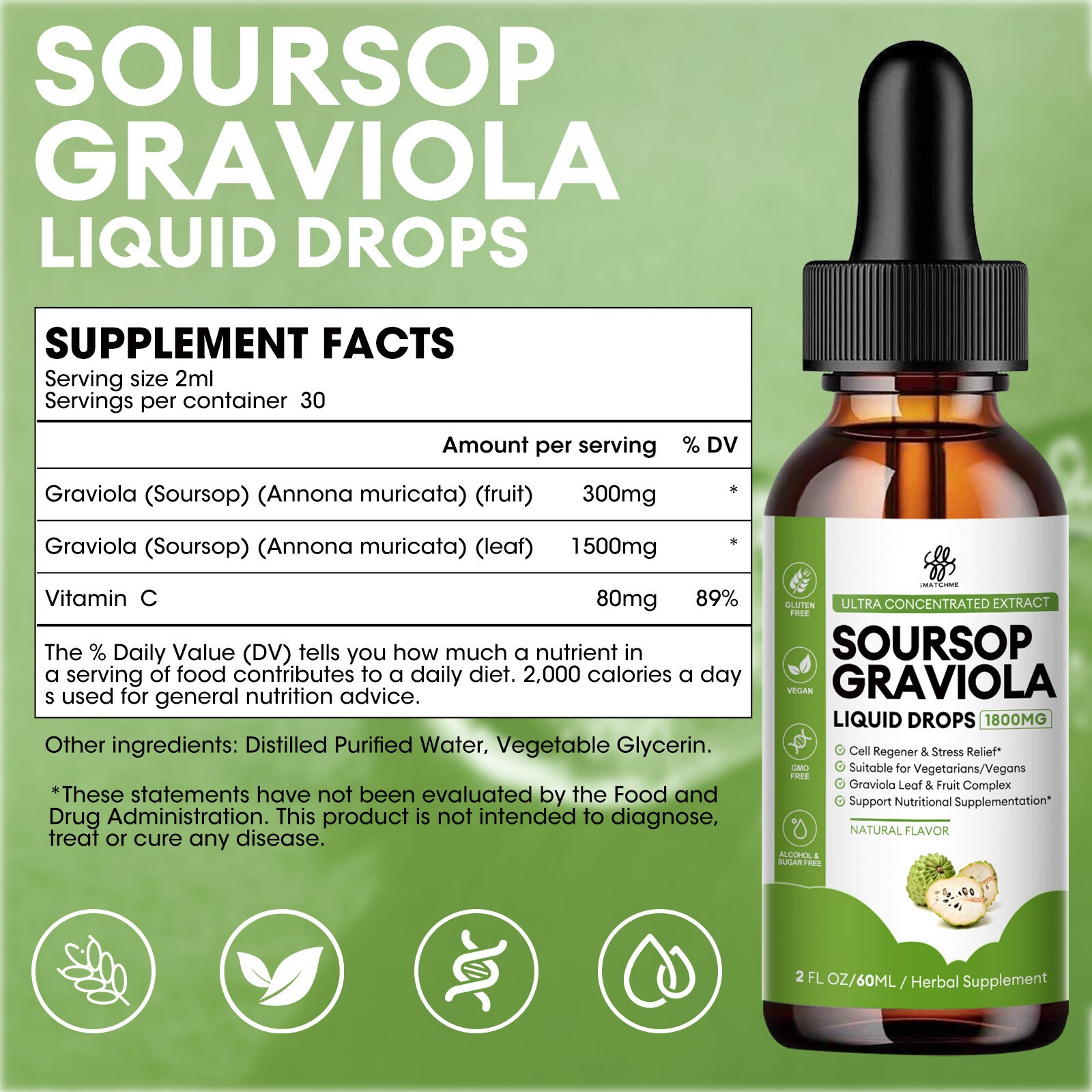 Soursop Graviola Extract 1800Mg Vegan Liquid Drop Annona Muricata Non-GMO 60ML