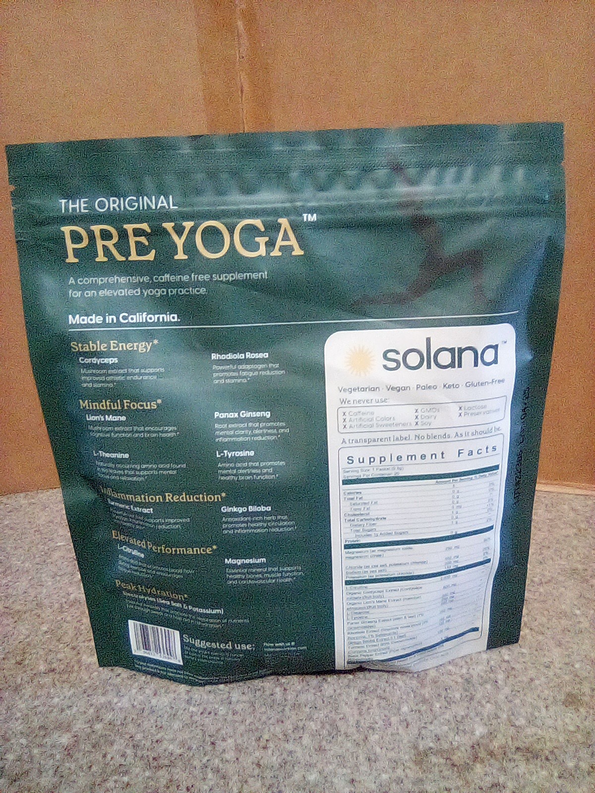 Solana Pre Yoga Dietary Supplement Honey Lemon 20 Sticks Plant Powered Ex 04/25