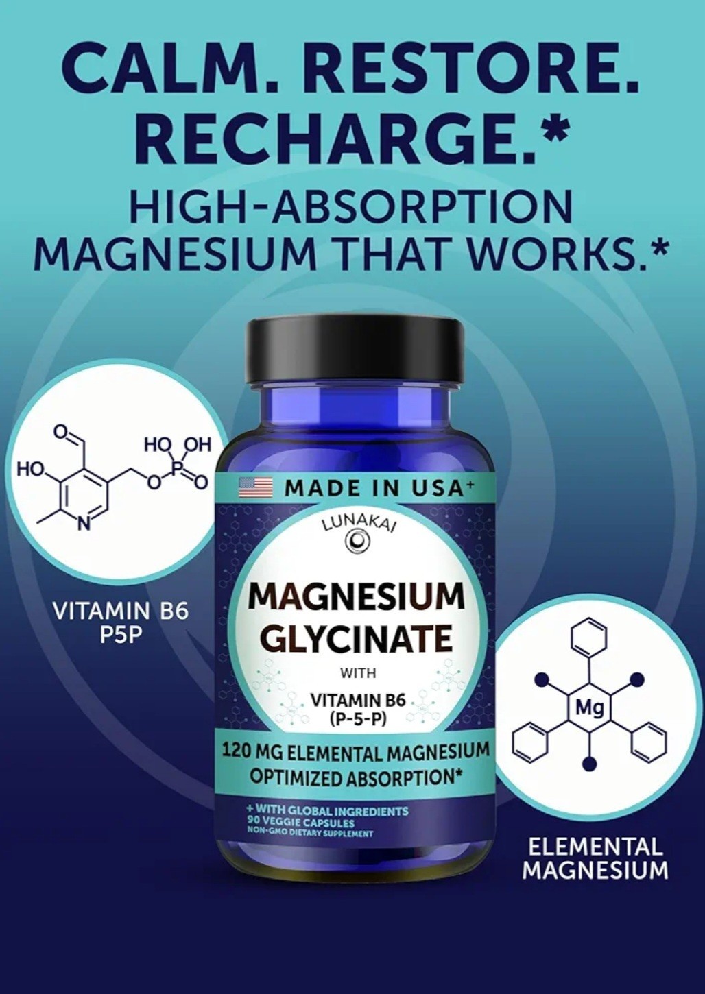 Lunakai USA Made Pure Magnesium Glycinate Capsules 120mg with B6 (P-5-P) 90ct