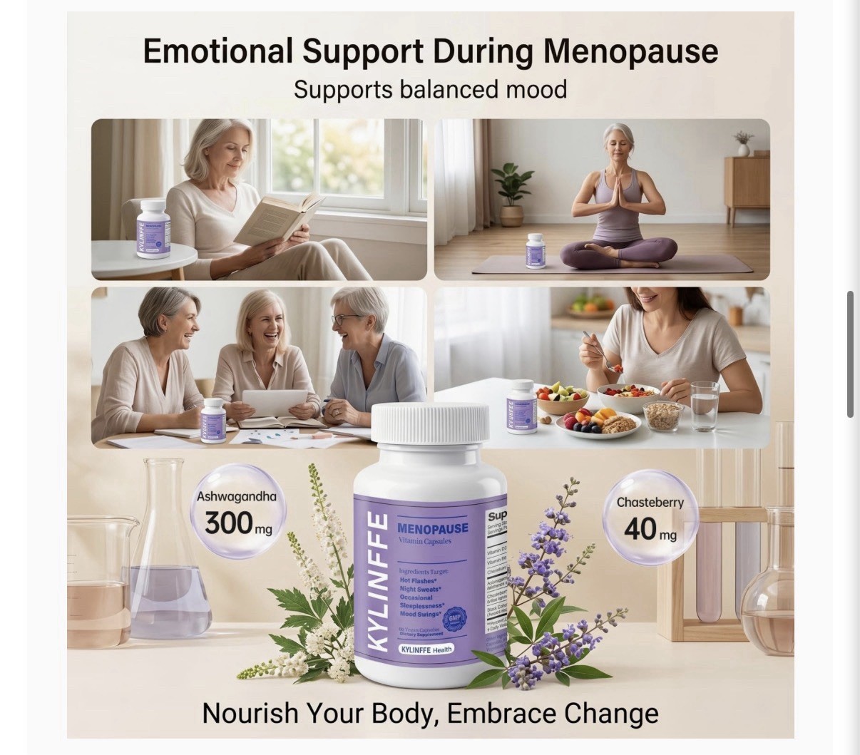 KYLINFFE Menopause Support Vegan Capsules 60ct D3 B6 Chromium Exp 03/2028