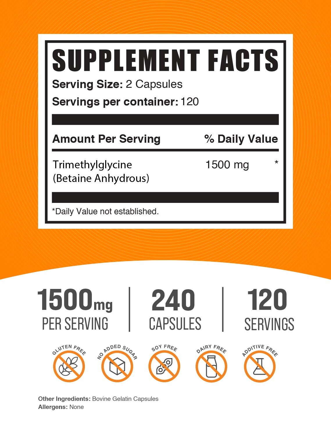 BulkSupplements Betaine Anhydrous (TMG) 240 Capsules – 1500mg Per Serving
