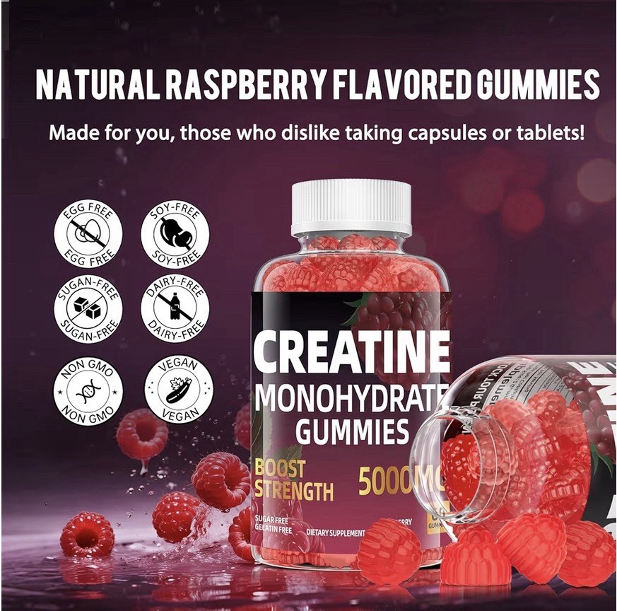 Creatine Monohydrate Gummies, 5000MG, Sugar Free, Gelatin Free, Raspberry Flavor