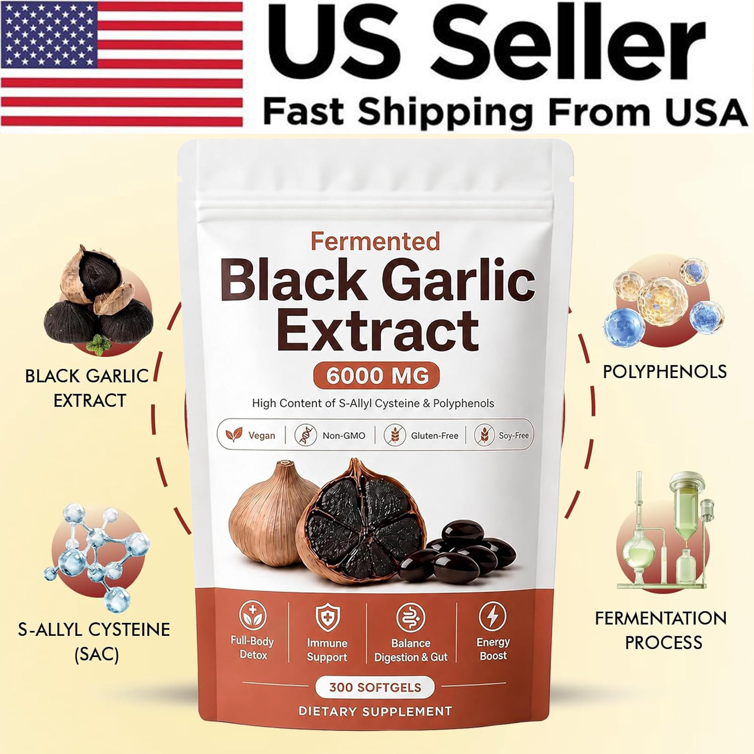Black Garlic Extract Softgels 300ct, Odorless Vegan Non-GMO Supplement
