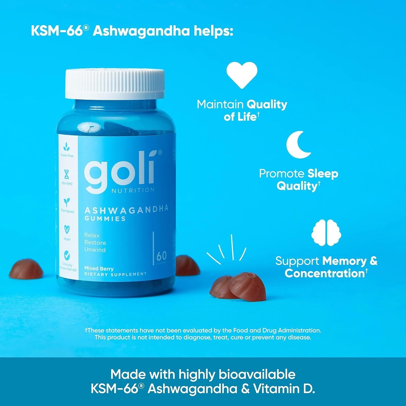 Goli Ashwagandha & Vitamin D Gummies – 60 Count – Vegan & Gluten-Free