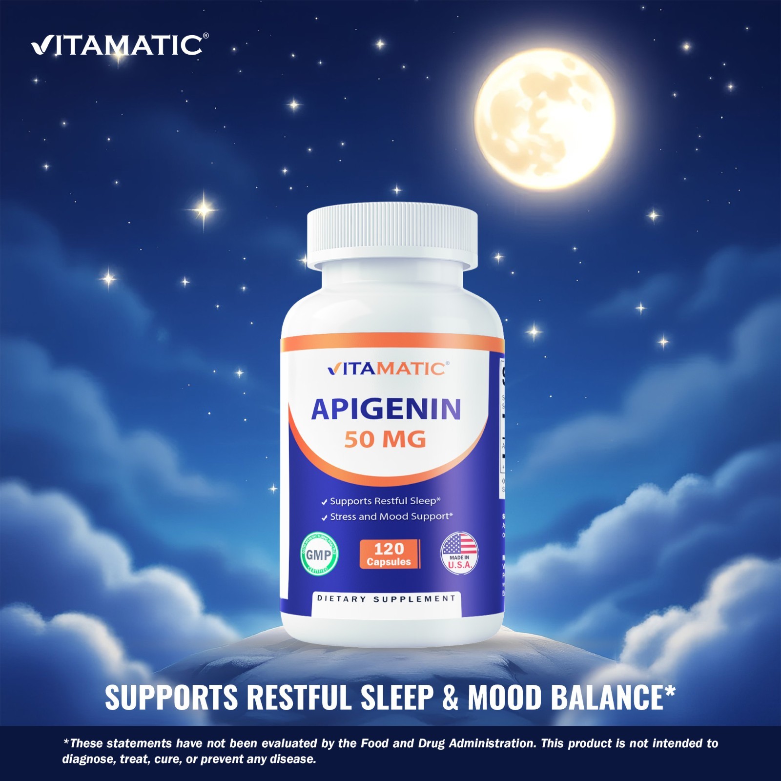 2 Pack Vitamatic Apigenin 50mg – 120 Vegetarian Capsules (Total 240 Capsules)