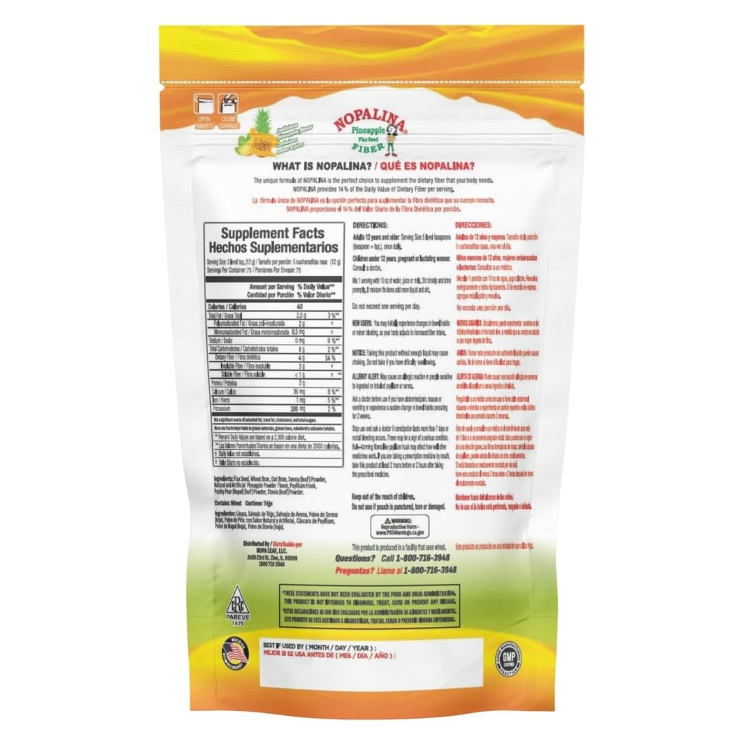 Nopalina Fiber Formula Pineapple 2Lb Bag 60 Servings Flax Seed Psyllium Oat Whea