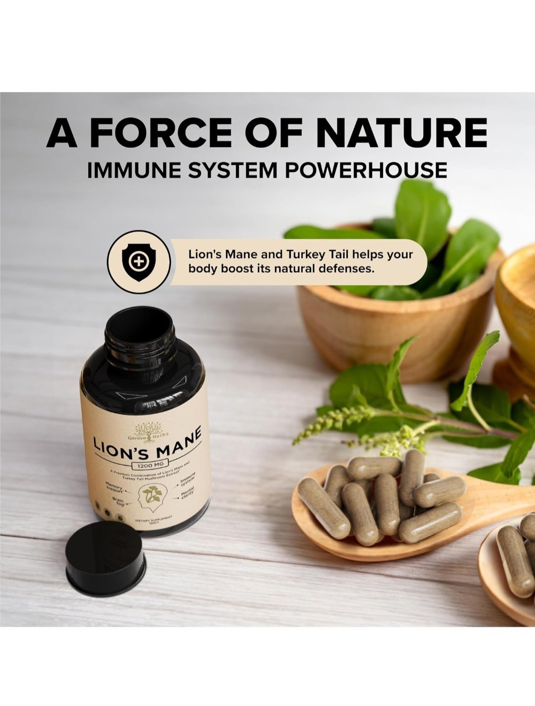 Garden of Herbz Lions Mane Supplement w/Turkey Tail Nootropic Focus Memory 120ct
