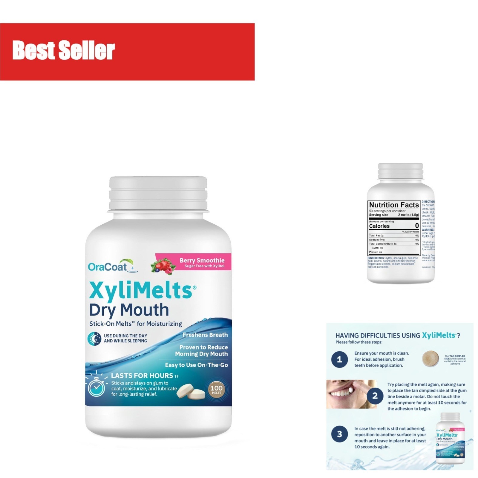 OraCoat XyliMelts for Dry Mouth – 100 Sugar Free Discs, Berry Flavor